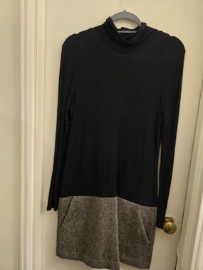 Theory Black Long  Sleeve And Dropped Waist Dress with Tweed Hem